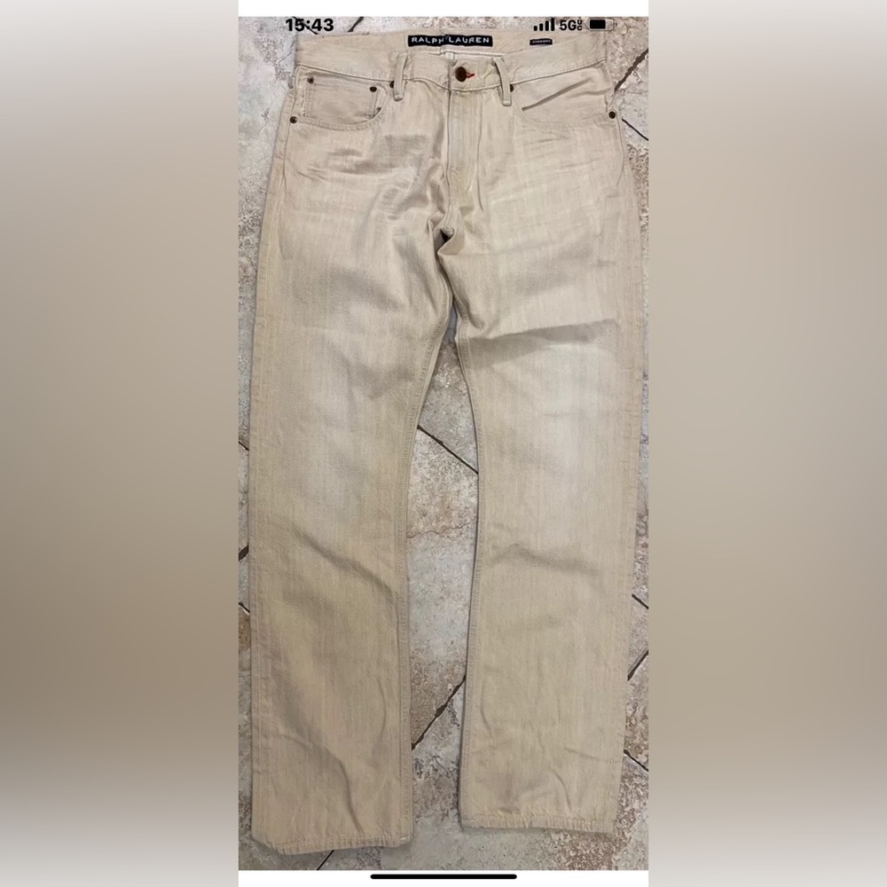 New Ralph Lauren Black Label Beige Denim Straight Distressed Jeans Pants Size 32